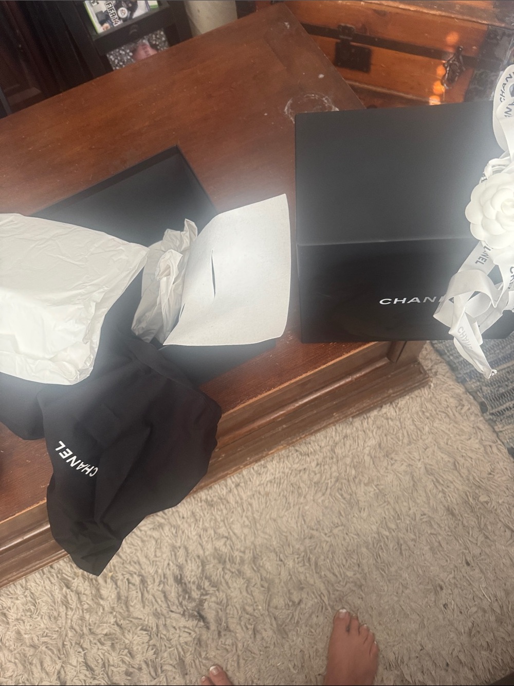 CHANEL Black Gift Box with Branded Dust Bag bow and tissue paper